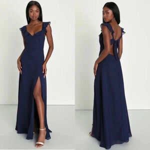 Lulu's Sweetest Entrance Navy Blue Ruffled Tie-Back Maxi Dress M Wedding Party